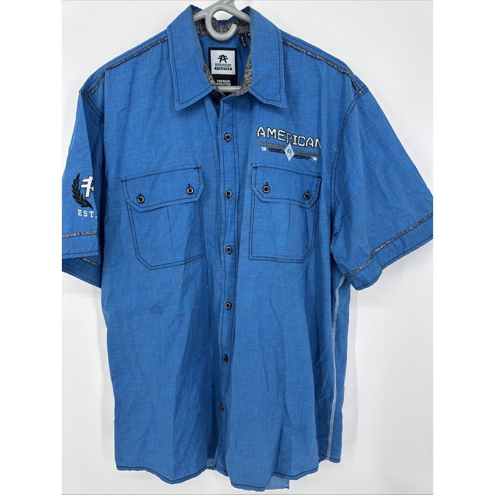 mens - AMERICAN FIGHTER shirt 2xl Slim Blue Embroidered Button Down Short Sleeve